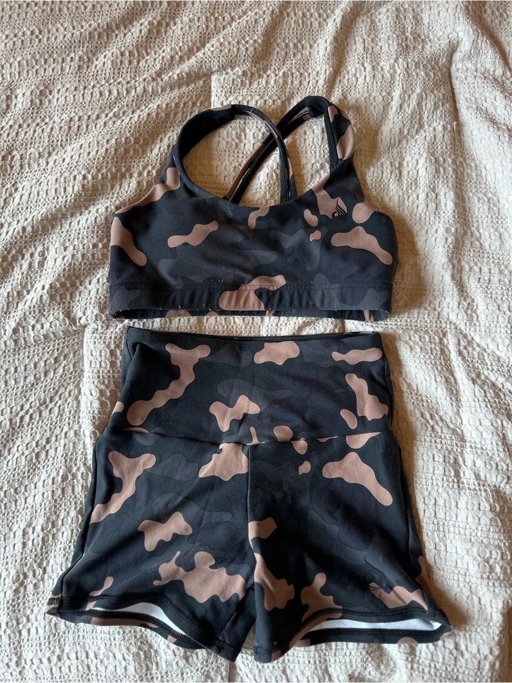 Ryderwear Black & Taupe Camo Cross-Back Sports Bra and High-Waist Shorts